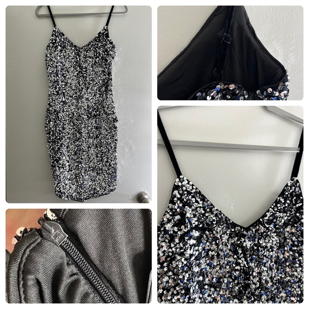 Black Velvet Silver Sequin Bodycon Mini Dress - Picture 2 of 5